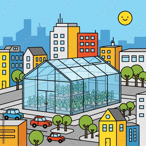 Modern Greenhouse in Urban Setting.