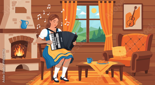 Charming Alpine woman playing accordion in cozy wooden cabin vector illustration