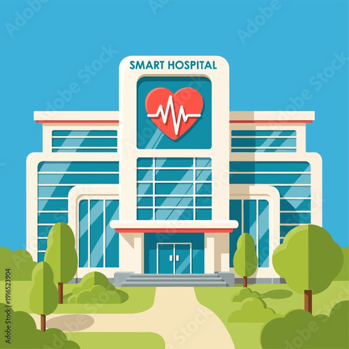 Modern Hospital Building with Heart Sign.