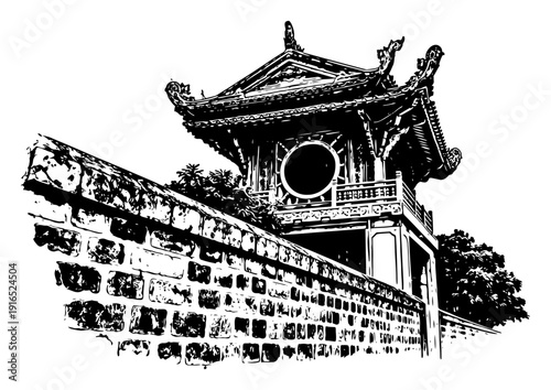 Historic Khue Van Cac pavilion at Temple of Literature in Hanoi rendered as black and white vector art