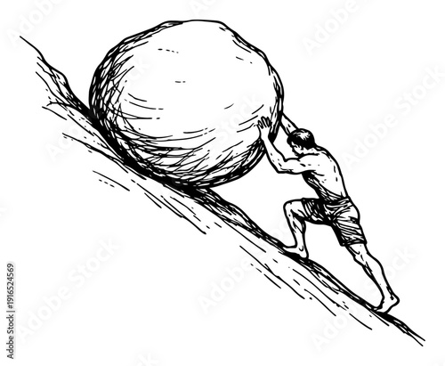 Illustration of a strong man pushing a massive boulder up a steep hill representing determination and struggle
