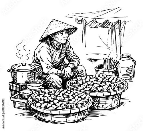 Traditional Asian street market vendor woman sitting with baskets of fruits in a detailed ink sketch illustration
