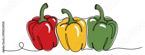 Three colorful bell peppers in a continuous one line drawing style illustration