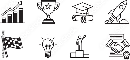 A set of vector line art icons representing success and achievement in business and education silhouette