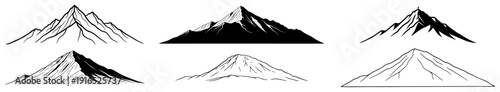 Set of various mountain peak silhouettes and line art illustrations on white background