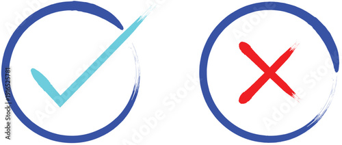 Blue circles with check mark and cross symbols in teal and red