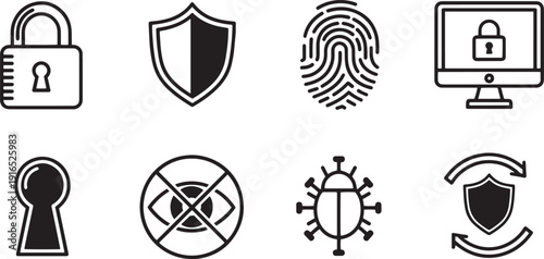 A set of vector line art icons depicting various security and protection concepts in silhouette mode