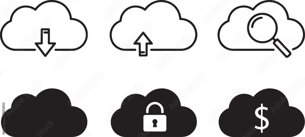 Obraz premium A set of vector line art cloud icons including upload, download, search, lock, and money silhouette bundle
