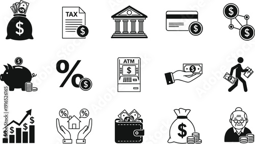 Solid black banking icon set featuring money bags, tax documents, bank buildings, credit cards, piggy banks, ATM machines, and financial growth,
