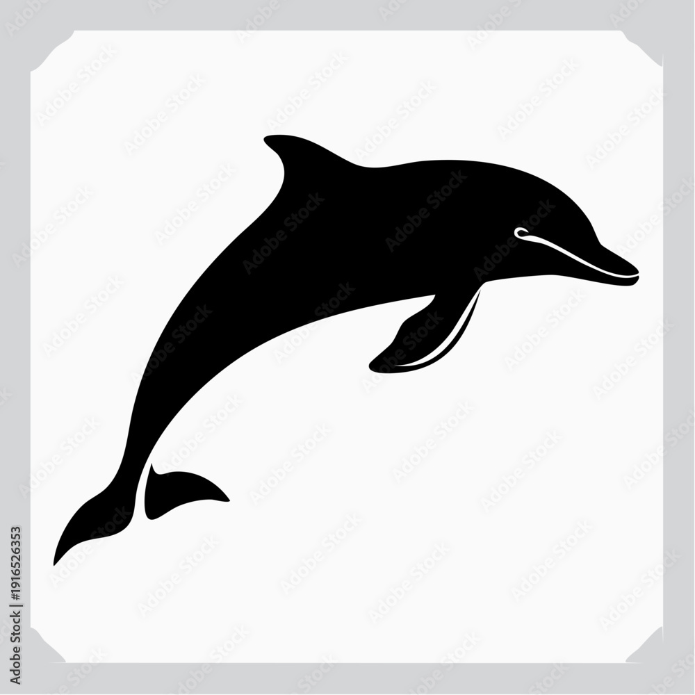 Obraz premium A black silhouette of a dolphin jumping against a white background with a gray border.