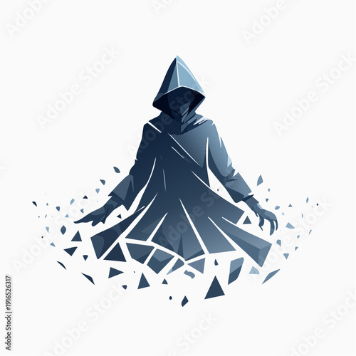 Digital illustration of a hooded figure in a blue cloak with a shattered effect around them on a white background.