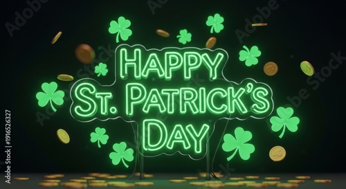 Vibrant neon sign surrounded by shamrocks and coins, celebrating St. Patrick's Day in a festive atmosphere with floating decorations