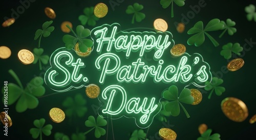 Celebrating St. Patrick's Day with neon sign surrounded by shamrocks and gold coins