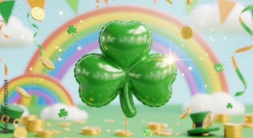 A large green shiny clover floats amidst rainbows and gold coins in a festive celebration scene