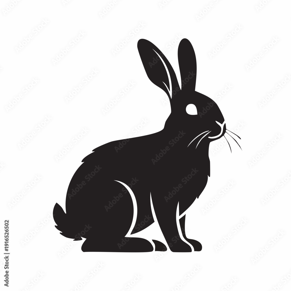 Obraz premium Black silhouette of a sitting rabbit with long ears on a white background.