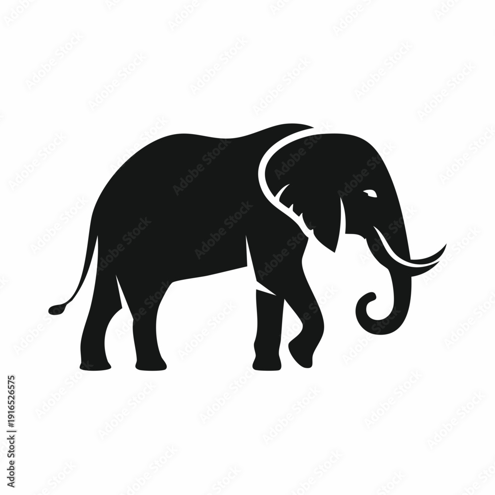 Fototapeta premium Black silhouette of an elephant walking against a white background with its trunk curled downward.
