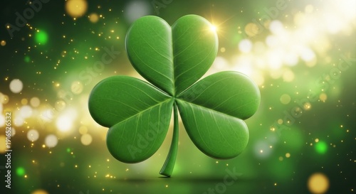 Shamrock floating amidst vibrant green and gold bokeh lights on a festive St. Patrick's Day celebration background