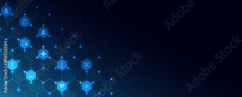 Healthcare and technology concept with flat icons and symbols. Template design for health care business, innovation medicine, pharmaceutical industry, science, medical research.