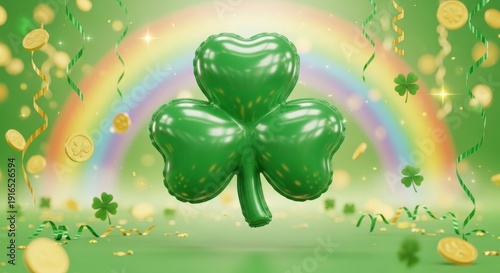 A shiny green four-leaf clover floats amidst a vibrant rainbow and gold coins on a lush green background with festive confetti