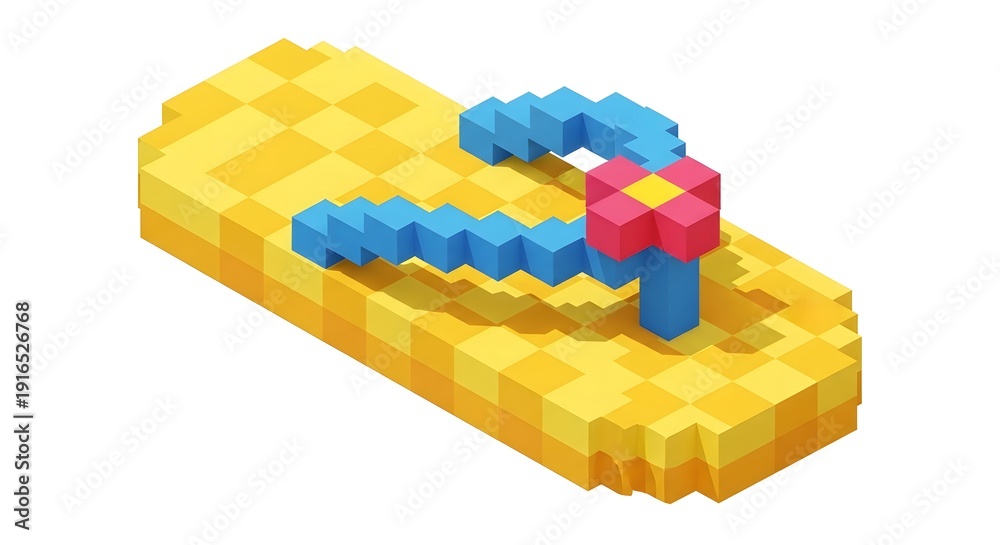 Fototapeta premium Pixel art style yellow flip-flop with blue strap and flower
