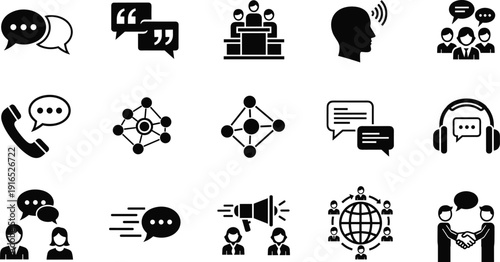 Professional communication icon set featuring chat bubbles, networking nodes, global collaboration, telemarketing headsets, customer support, group discussions, and partnership handshake symbols,