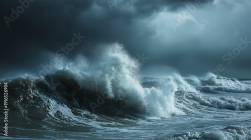 Stormy waves crashing on the shoreline ocean environment dramatic seascape photography dark atmosphere