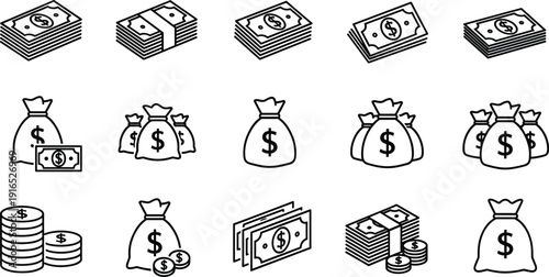 Minimalist line art money icon set featuring stacks of cash, dollar bills, money bags, piles of coins, and financial wealth symbols,