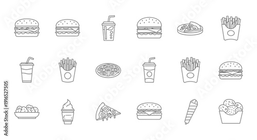 A collection of simple black and white food icons on a white background.
