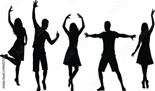 Happy group of people dancing silhouette vector set featuring men and women in celebratory poses for party events music festivals clubbing and joyful celebration designs