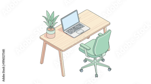 Modern isometric home office setup with a laptop, chair, and potted plant