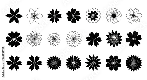 A collection of black flower silhouettes in various designs and complexity on a white background.