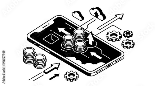 Isometric smartphone illustration depicting a secure digital financial ecosystem with money stacks, cloud services, and data processing for mobile banking and online transactions