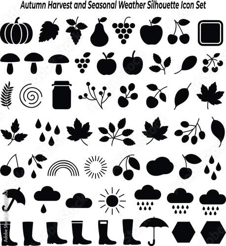 A large set of black silhouette icons representing autumn harvest and seasonal weather elements