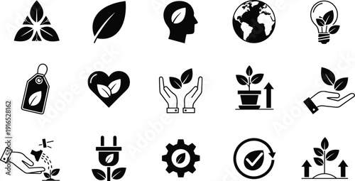 Environmental green energy icon set featuring leaves, eco-friendly lightbulbs, sustainable growth, recycling, earth globe, organic tags, and nature conservation symbols,