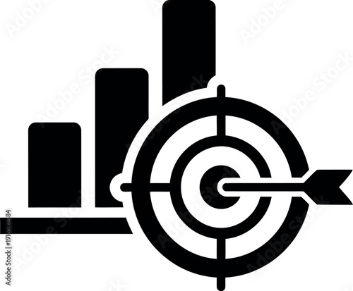 Black and white target with arrow and bar graph icon