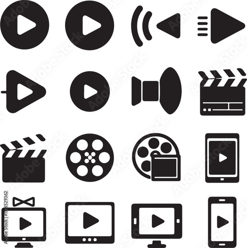 Black and white video and film icon set on white background