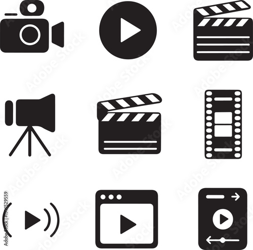 Black and white video production and playback icons