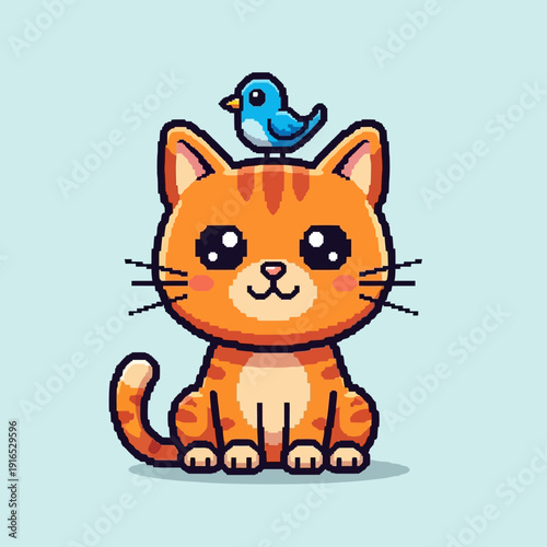 Orange Cartoon Cat with Blue Bird.