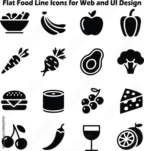 A diverse collection of black silhouette icons depicting common food items and healthy ingredients
