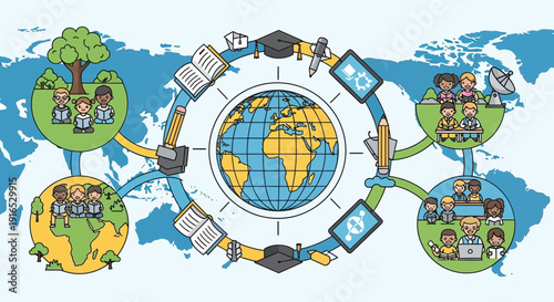 Global Earth with connected people icons.