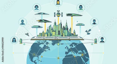 Global network connections and cityscape.