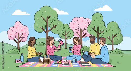 Group of friends having outdoor picnic.