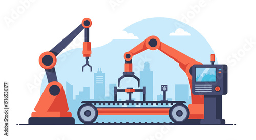 Industrial robotic arms and excavator machinery.
