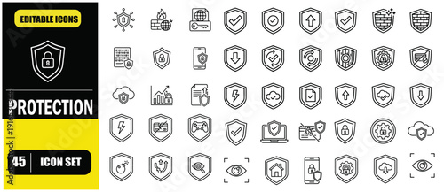 Protection & Security Line Icon Set – Editable Stroke Outline Icons for Shield, Safety, Privacy, Defense, Insurance, Secure Access, Cybersecurity and Risk Prevention Linear Vector Illustration for Web