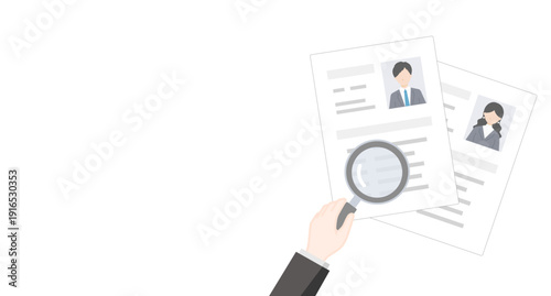 履歴書を虫眼鏡でチェックする採用担当者のベクターイラスト（人事・書類選考･就活）