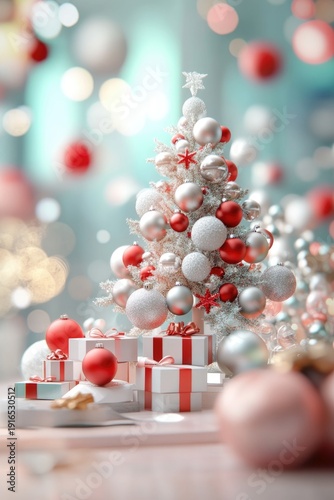 Festive white christmas tree with red ornaments and gifts against bokeh lights