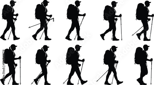 Hiking man silhouette set with backpack and trekking poles, walking traveler poses, black outdoor adventure figures isolated on white background