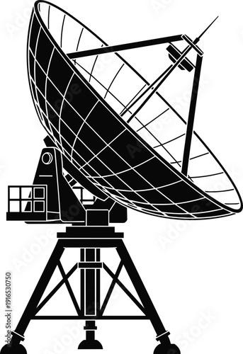 Satellite dish antenna silhouette illustration for radio astronomy and wireless communication technology, ground station equipment isolated on white background