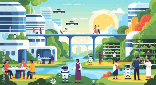 People in a futuristic city park.