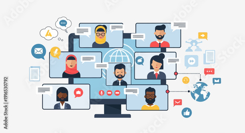 People on computer screens talking.